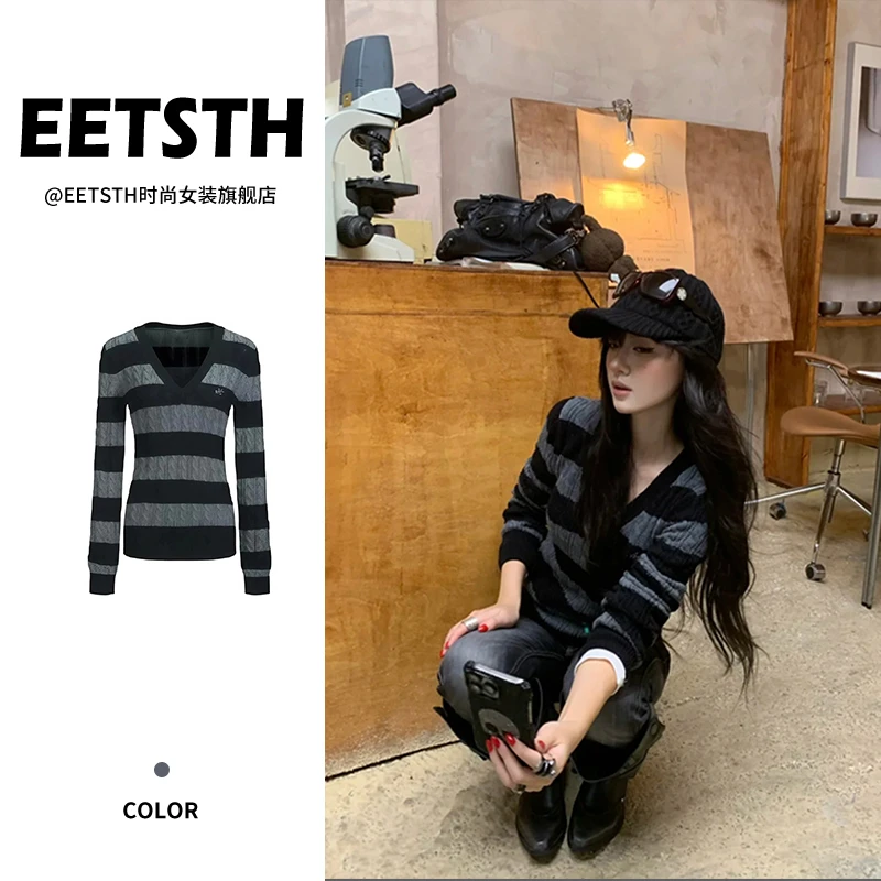 美式复古v领条纹针织衫女秋季慵懒感弹力毛衣修身显瘦撞色上衣潮