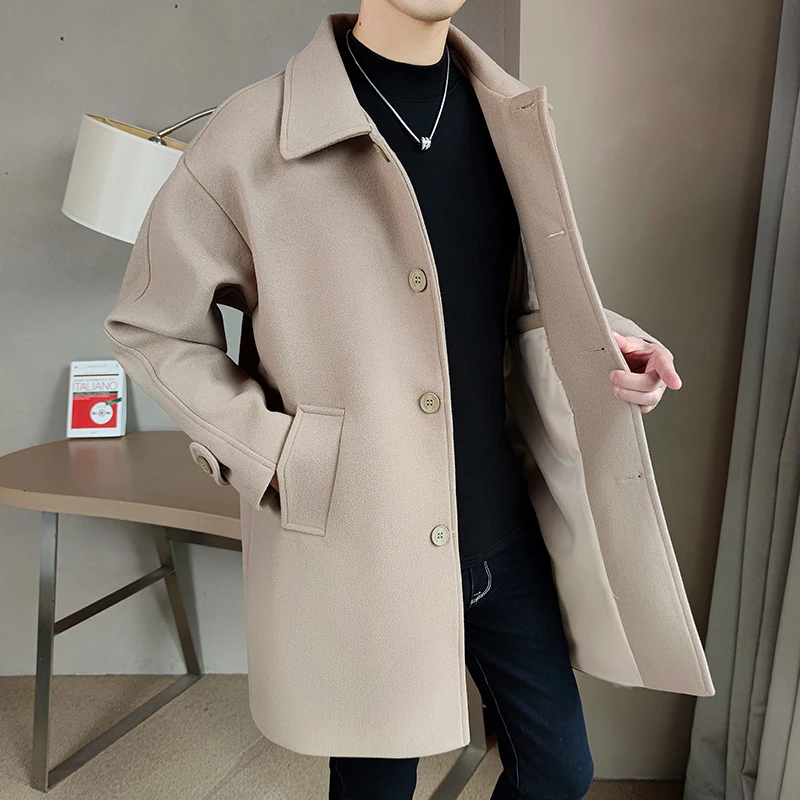 加厚风衣呢子外套男士秋冬季纯色百搭翻领毛呢大衣中长款潮
