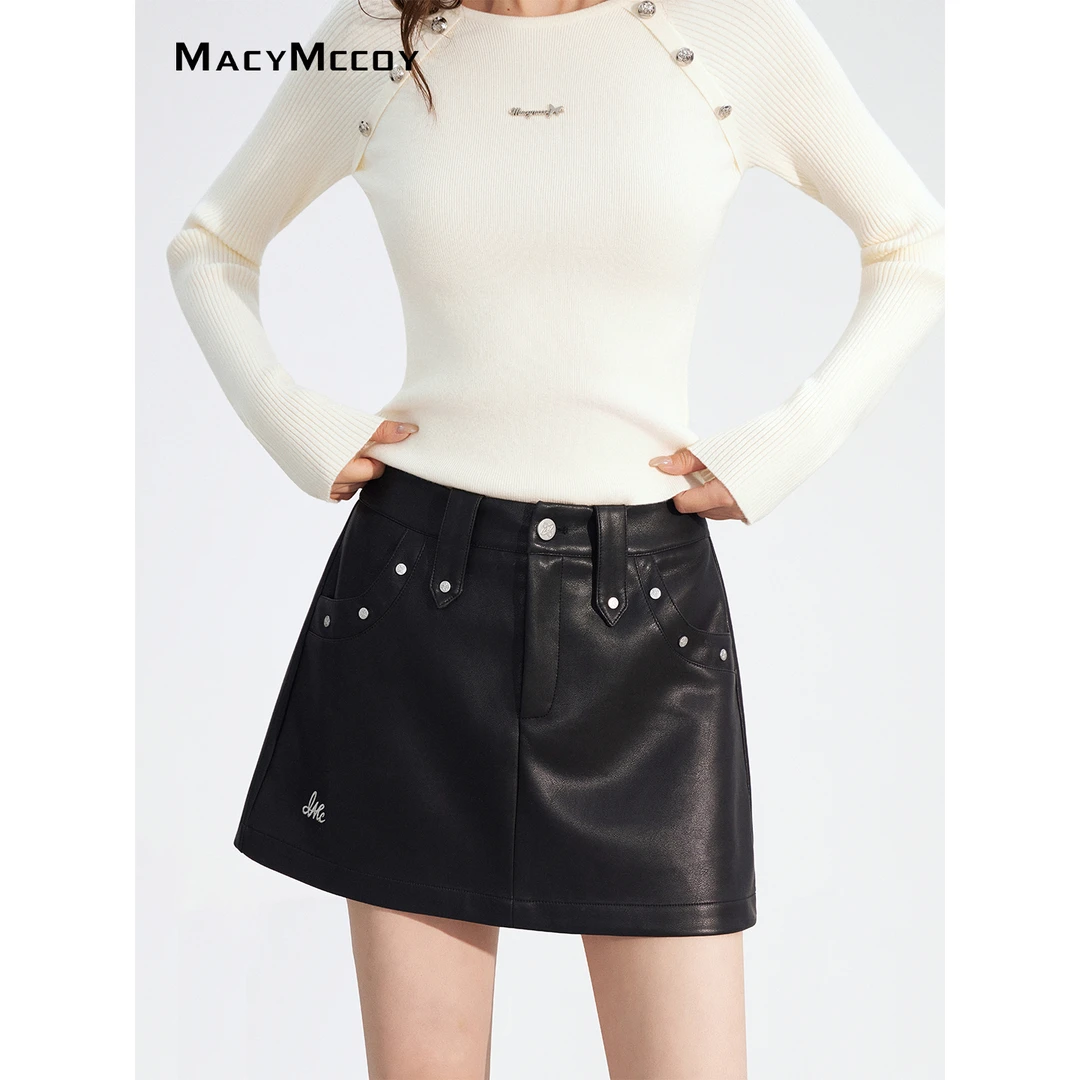 【熊小姐专属】MacyMccoy铆钉A字皮裙女冬季新品收腰显瘦百搭半身裙
