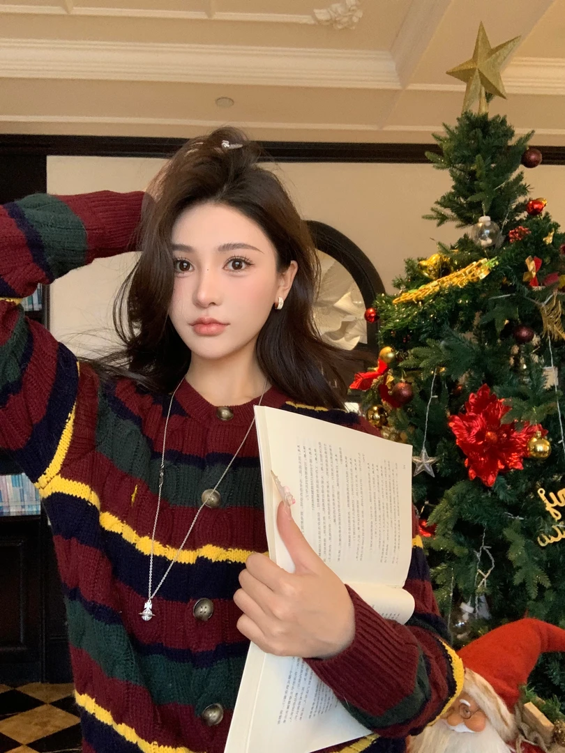 《李老师专属》韩版气质条纹撞色条纹长袖针织开衫外套女秋冬上衣