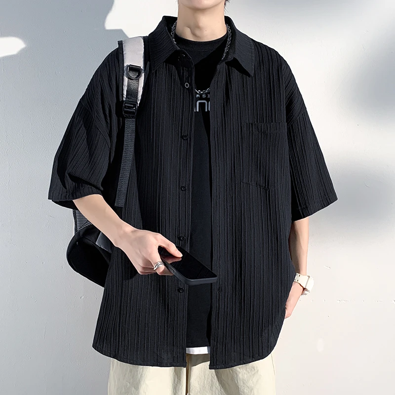 潮牌大码冰丝薄款衬衫短袖男士春夏季垂感t恤简约百搭体恤上衣服