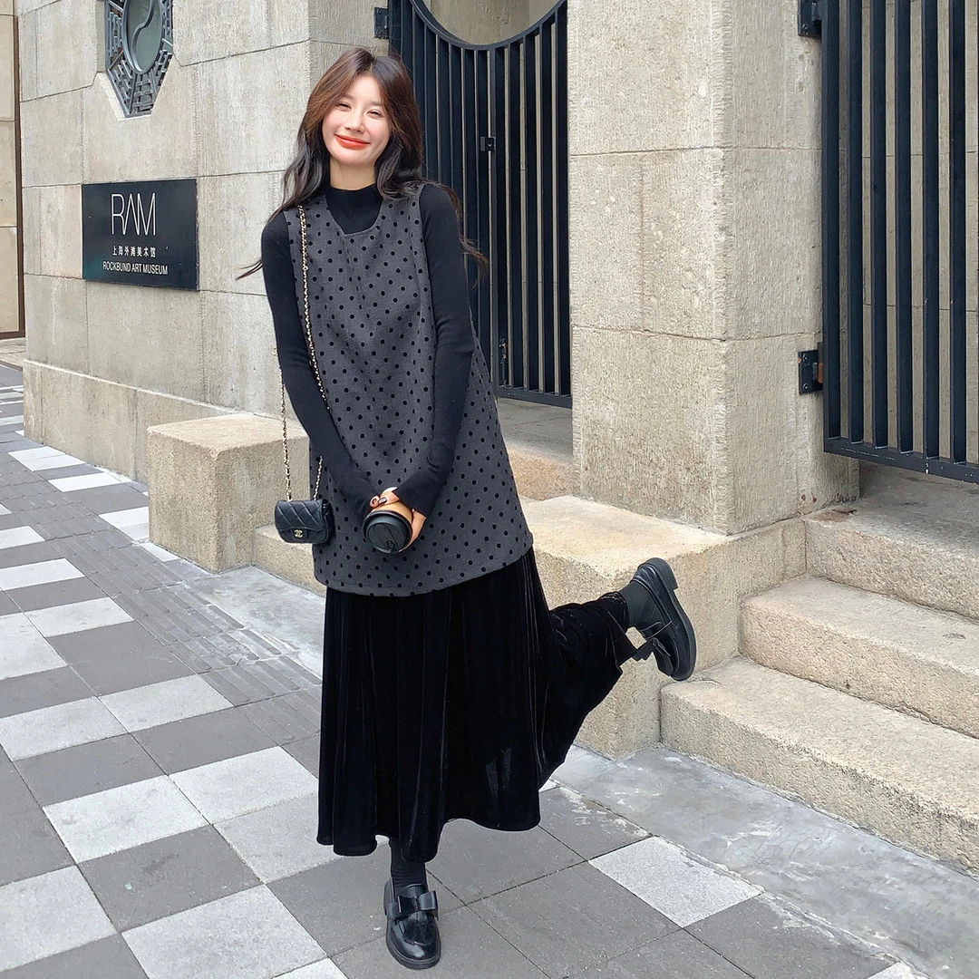 韩系假两件拼接背心裙套装女2025年秋季高领内搭波点连衣裙两件套