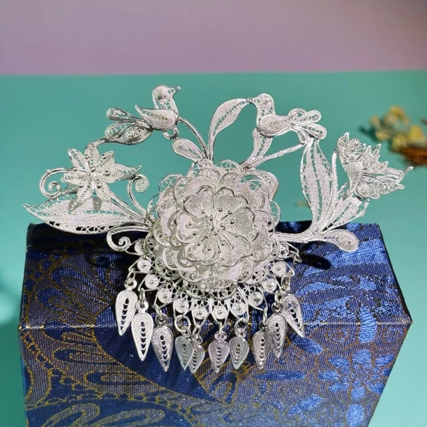 足银银制品 【花团锦簇】足银990额前发叉古风苗族纯手工复古民族风