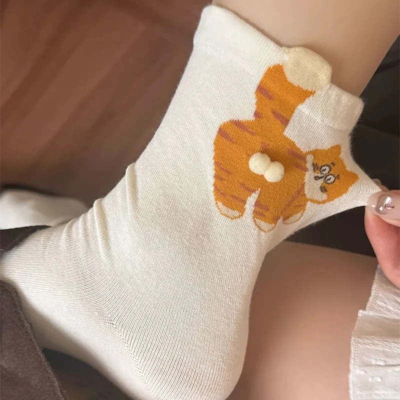 纯棉夏秋季袜子女可爱卡通中筒袜立体猫咪蛋蛋ins潮百搭日系搞怪