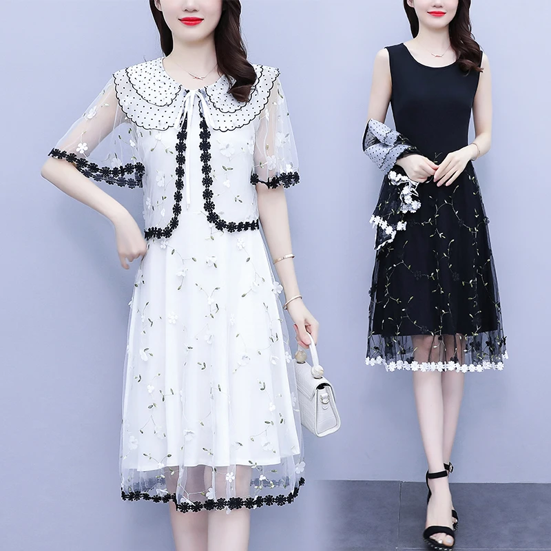 夏季新款大码连衣裙两件套韩版显瘦蕾丝短袖胖妹妹网纱拼接裙子