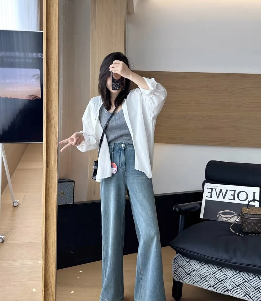 2544女高腰牛仔裤字窄版直筒裤休闲显瘦外穿时尚百搭春秋宽松窄版