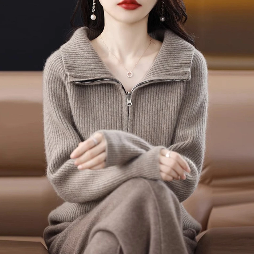 纯色翻领双拉链针织开衫女2025秋冬新款宽松洋气减龄加厚毛衣外套