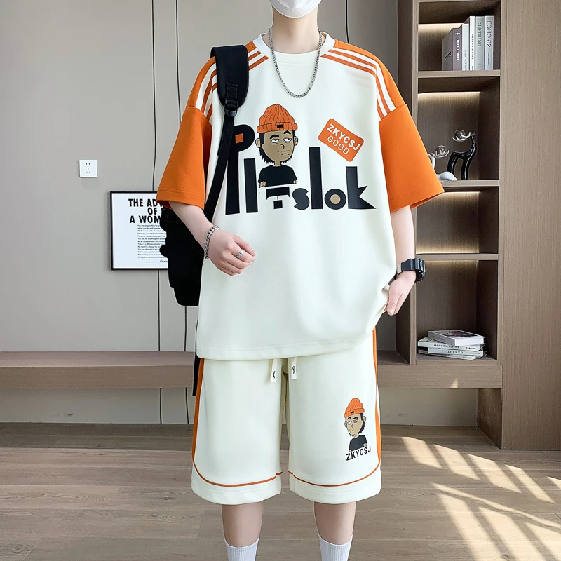 青少年男夏季胖男生休闲运动套装宽松印花初中情侣两件套ins