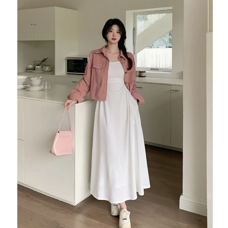 胖颖专属大码春季新款长袖开衫外套+百搭吊带连衣裙两件套装3649