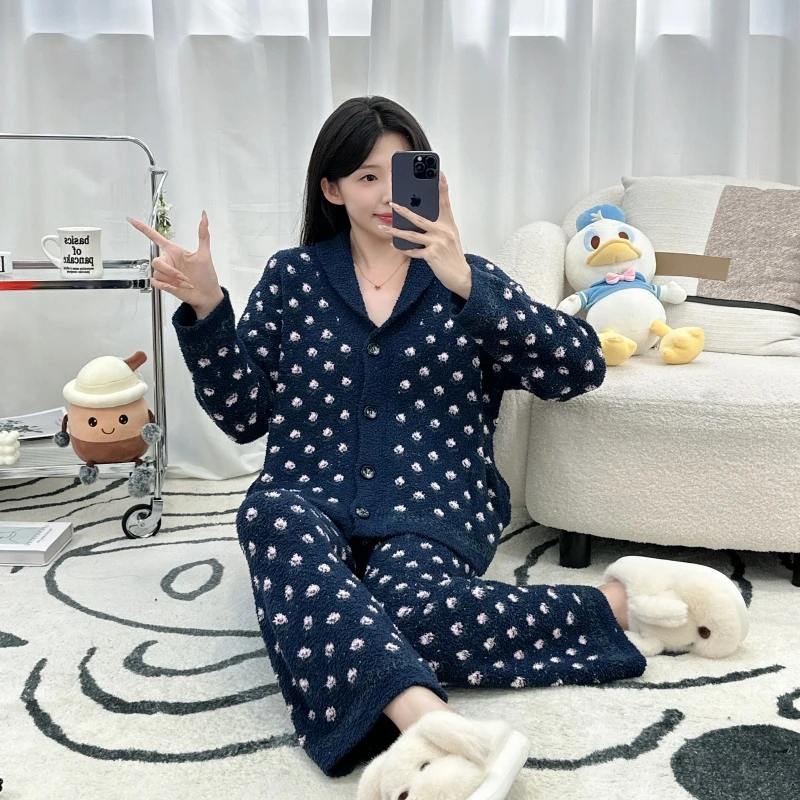 冬季女士绒款长袖半边绒可外穿睡衣碎花保暖加绒加厚女套装家居服
