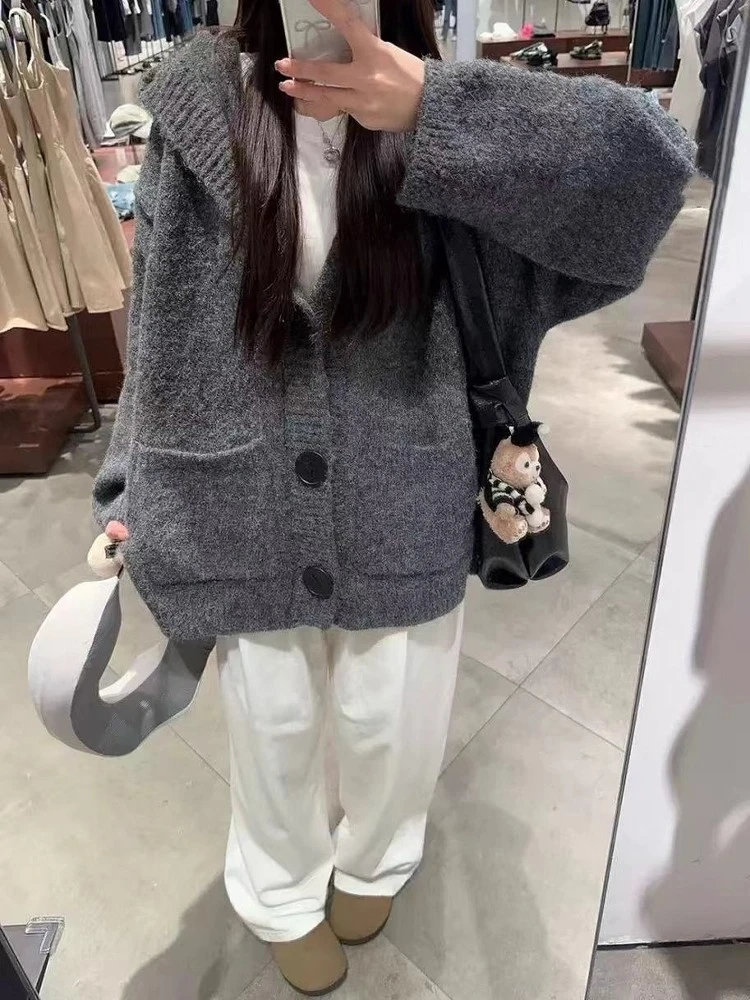 加厚版!慵懒风连帽单排扣毛衣开衫女秋装新款韩版宽松针织衫外套
