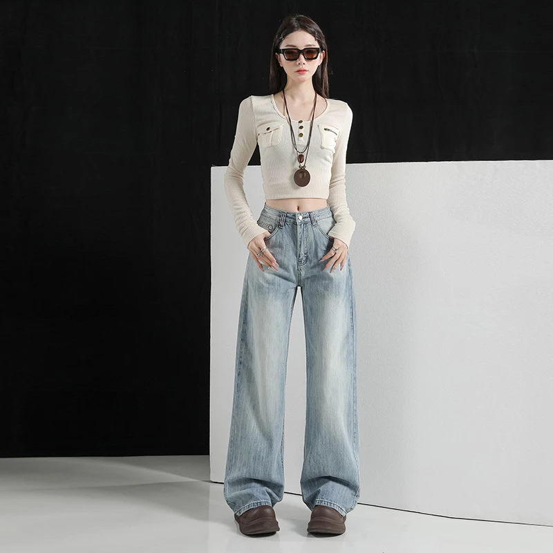 早秋新款爆款竖纹美式复古水洗宽松直筒牛仔裤女绣花垂感阔腿裤子