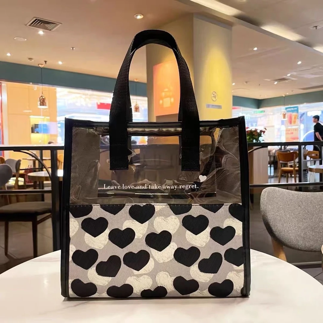 半透明爱心手提袋便携桃心印花拉链高级感化妆包大容量防水洗漱包
