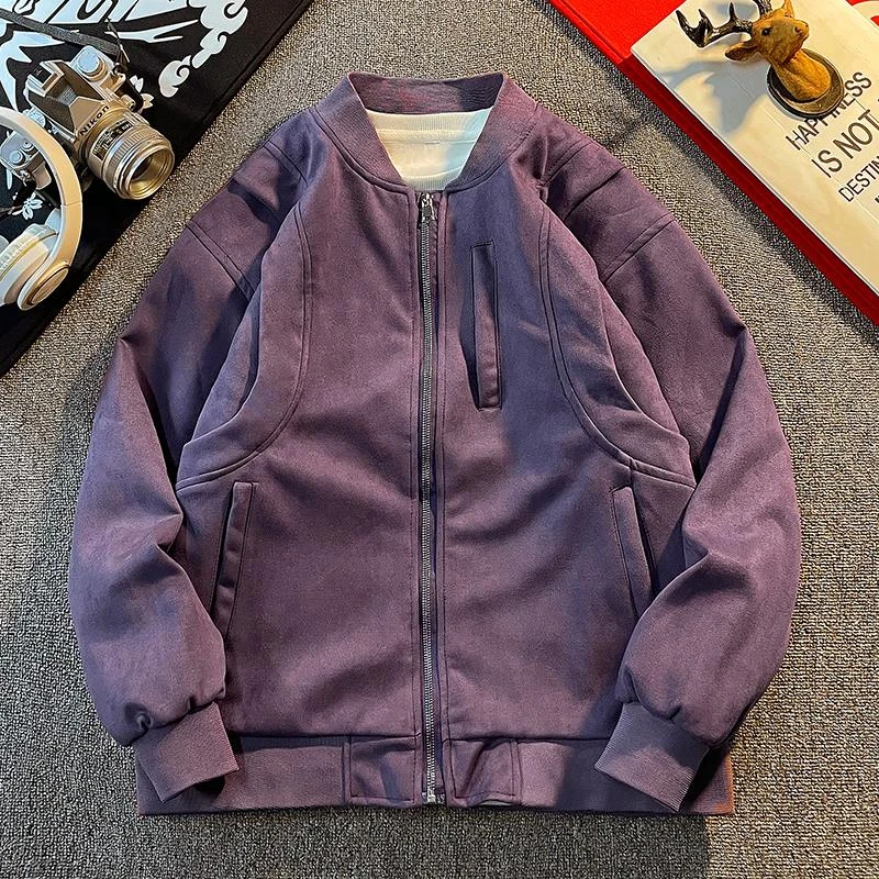 【TQUX港奢男装】麂皮绒棒球服外套男秋季美式覆古高街痞帅机车服
