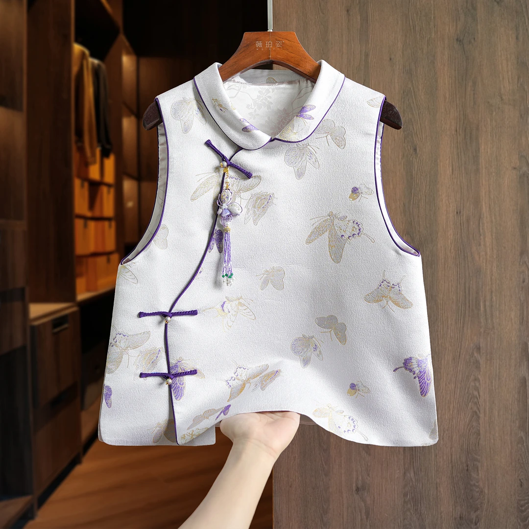 复古国风桑蚕丝马甲背心女气质POLO领减龄蝴蝶提花新中式上衣