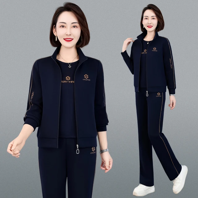 恩狐中老年女秋季休闲运动套装中年妈妈春秋时尚减龄显瘦三件套装