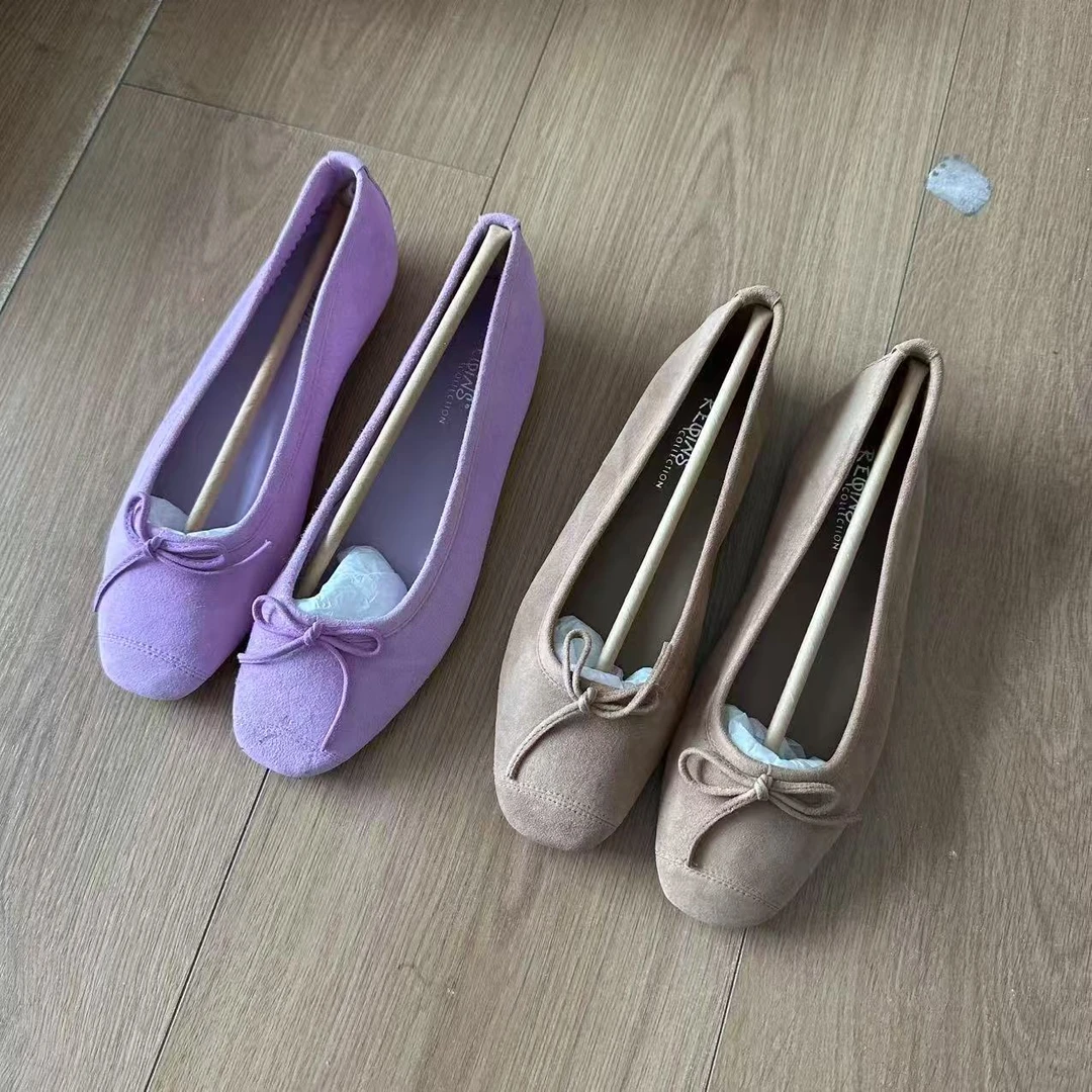 【壁虎姐】2025夏季新款 紫色卡其双色翻毛皮平底鞋