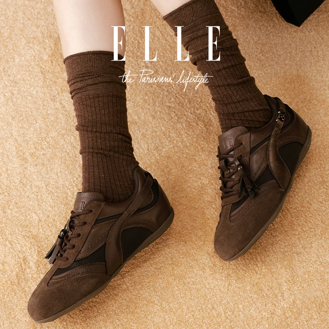 ELLE流光风平底德训鞋女2025冬季新款赛车鞋复古防滑内增高阿甘鞋