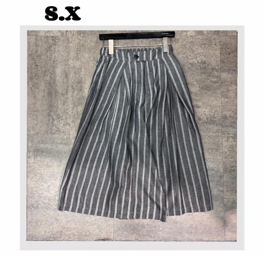 S.X 2025夏新款条纹阔腿裤裙文艺复古简约松紧腰显瘦