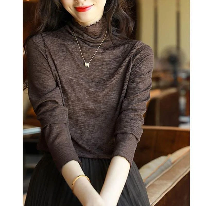 半高领蕾丝打底衫女士春秋欧货木耳边网纱时尚荷叶边高领针织衫