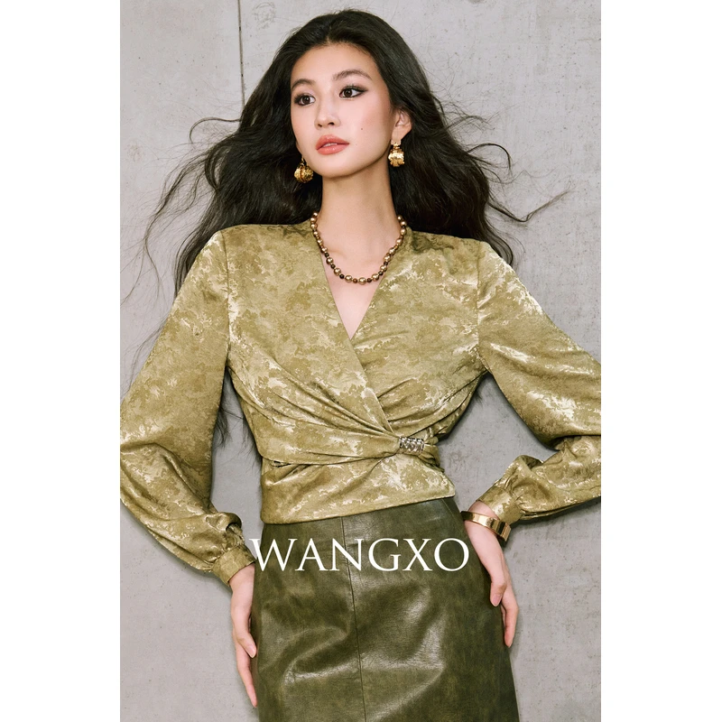 WANGXO  色织提花交叉绑带金属装饰上衣 253706W