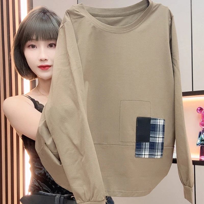 2025秋季女装内搭拼色抽绳大码显瘦遮肉t恤贴布洋气减龄长袖上衣