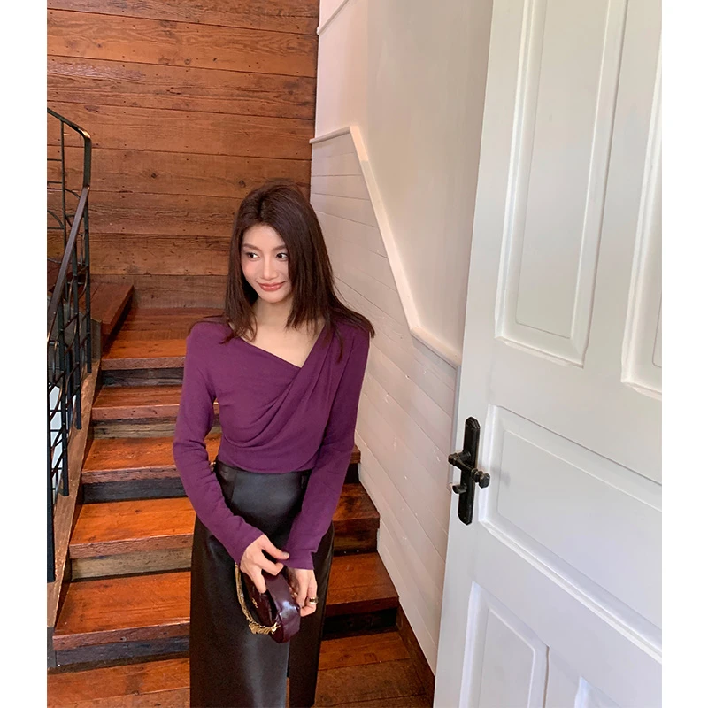 【ALONE SAVOR】龍喜儿 落云翻霞 秋季纯欲设计感褶皱T恤荡领C150