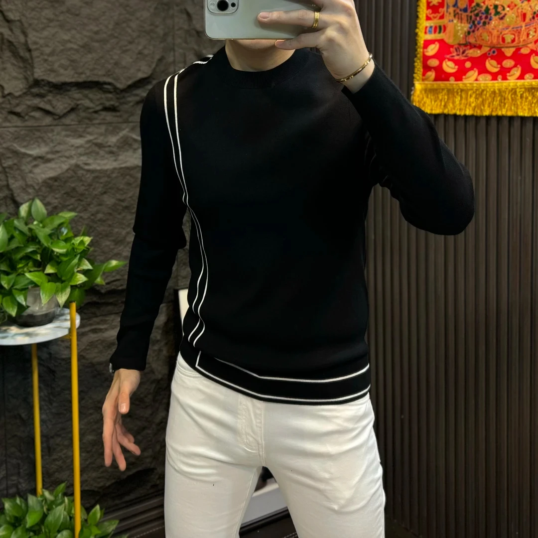 法帝卡尔克高品质拼接线条纹长袖针织衫男士修身轻奢上衣打底衫潮