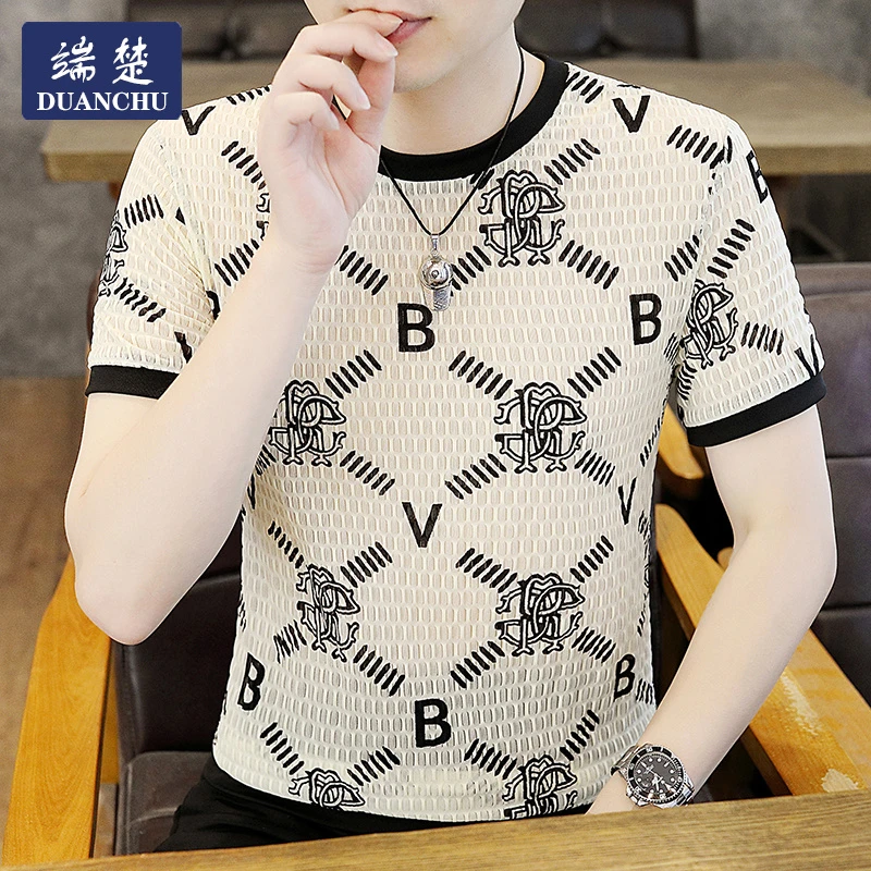 圆领冰丝短袖t恤男夏季薄款速干体恤韩版修身透气加肥加大码男装