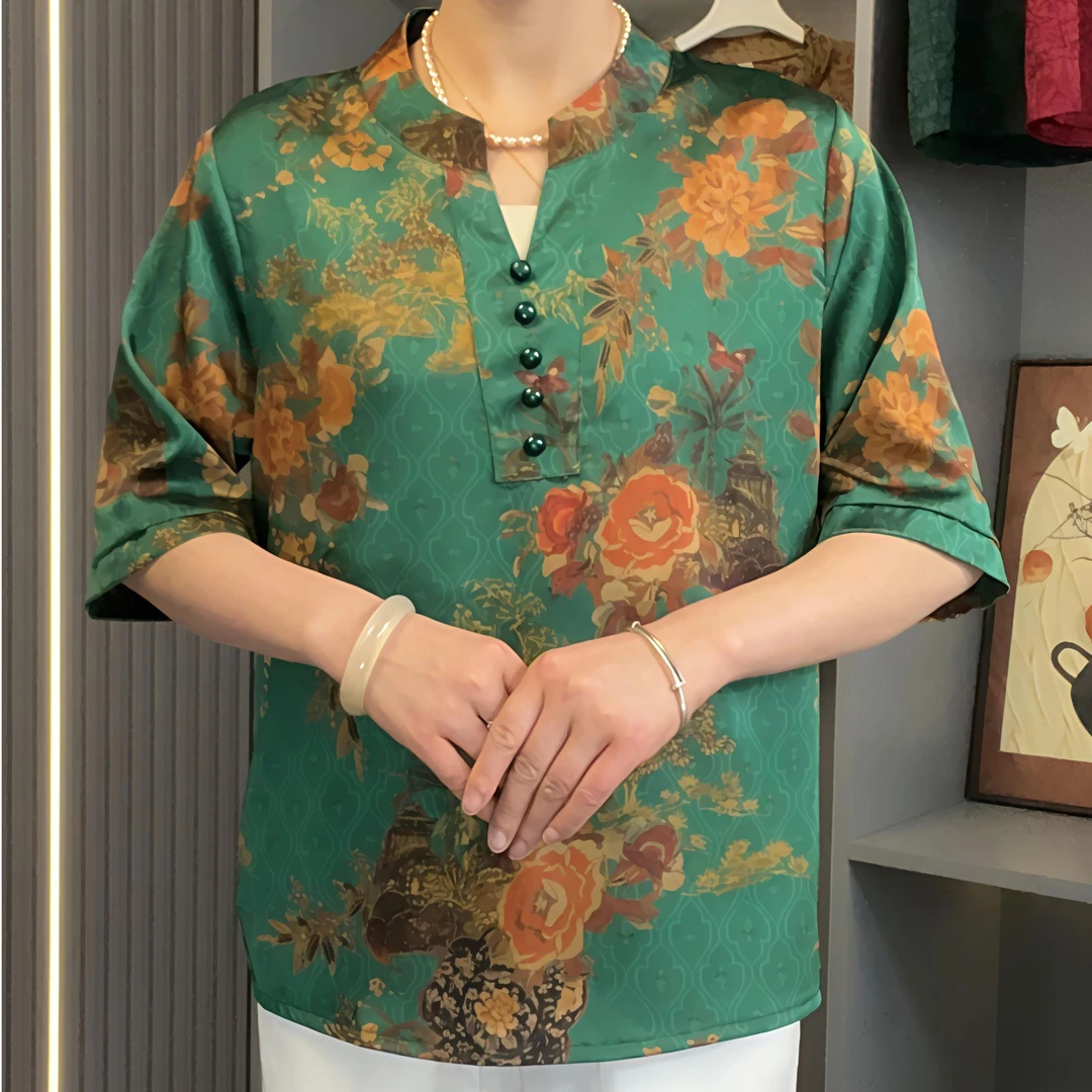 春季新款V领宽松小衫妈妈装遮肉显瘦[翠影繁花]