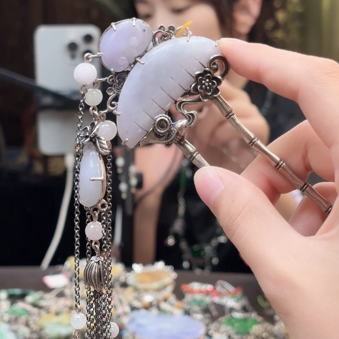 翡翠银S925镶嵌发饰翡翠发簪