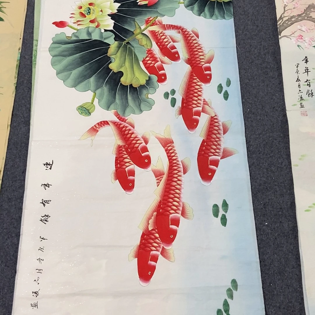 国画四尺工笔九鱼一副