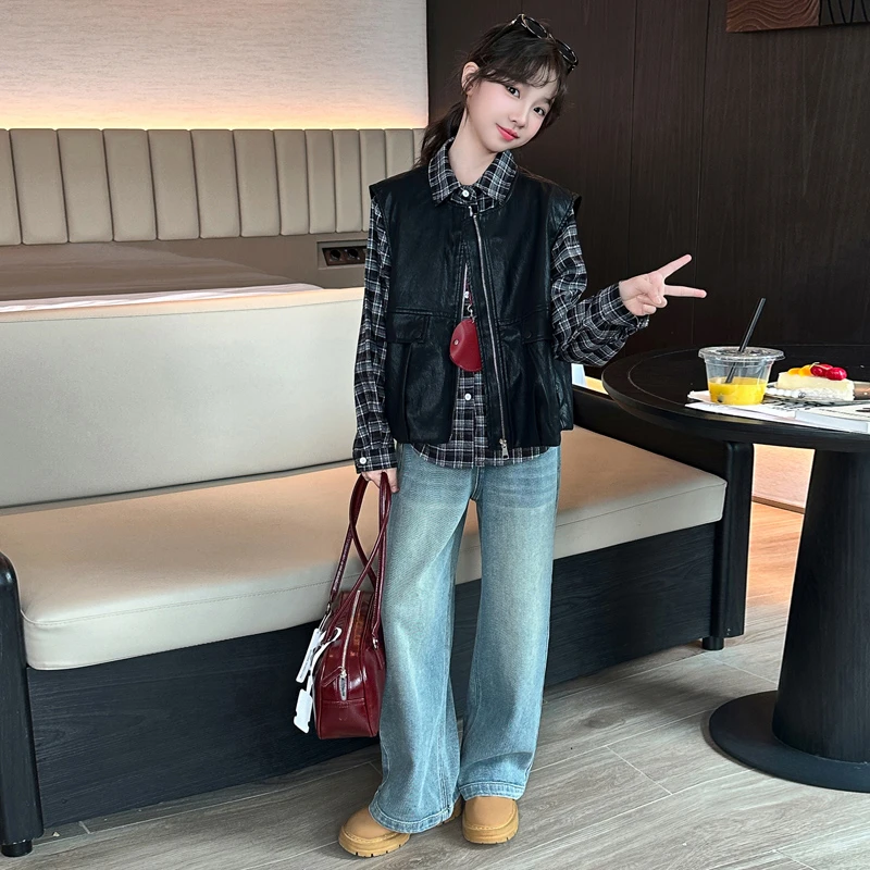 2025秋季新款女童皮马甲格子衬衫套装韩系中大童时尚个性三件套潮