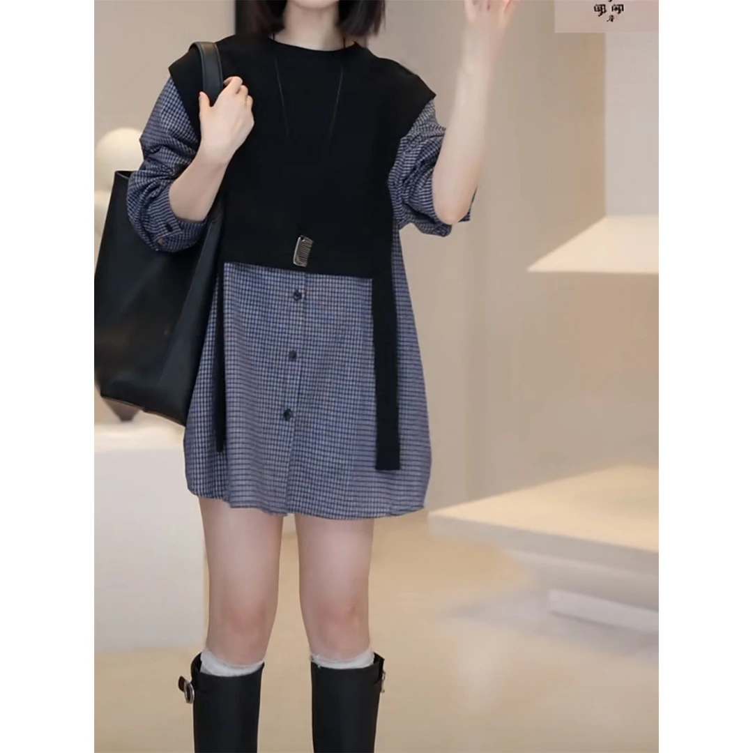 格子拼接休闲衬衫裙女春季新款洋气减龄显瘦假两件时髦上衣潮