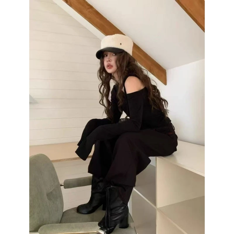 辣妹风简约设计感百搭斜肩纯色长袖上衣2025秋冬宽松垂感休闲长裤