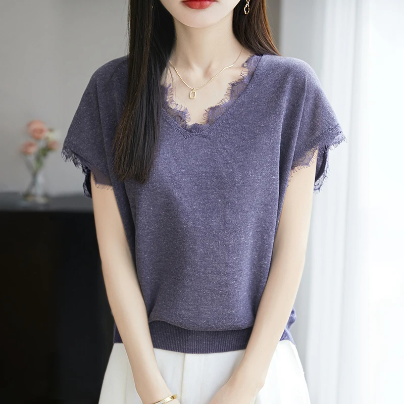 品牌正品莱赛尔天丝夏季新款法式天丝V领针织衫短袖蕾丝