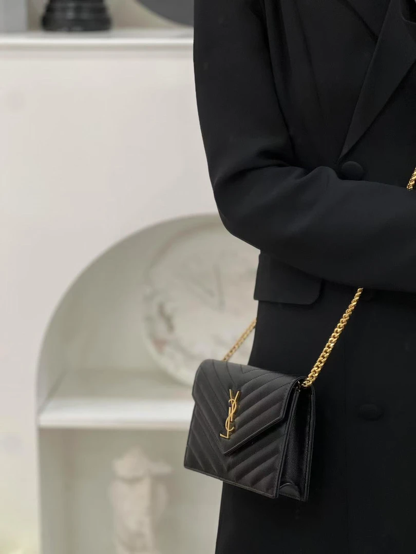 99新 YSL/圣罗兰 ysl信封中号黑金荔枝纹/优品