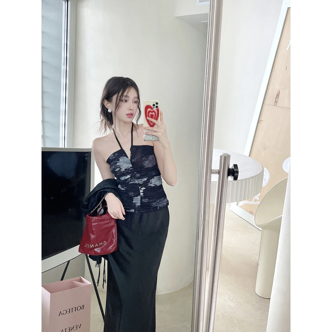 FORNI水墨之间 新中式辣妹抽褶花朵吊带