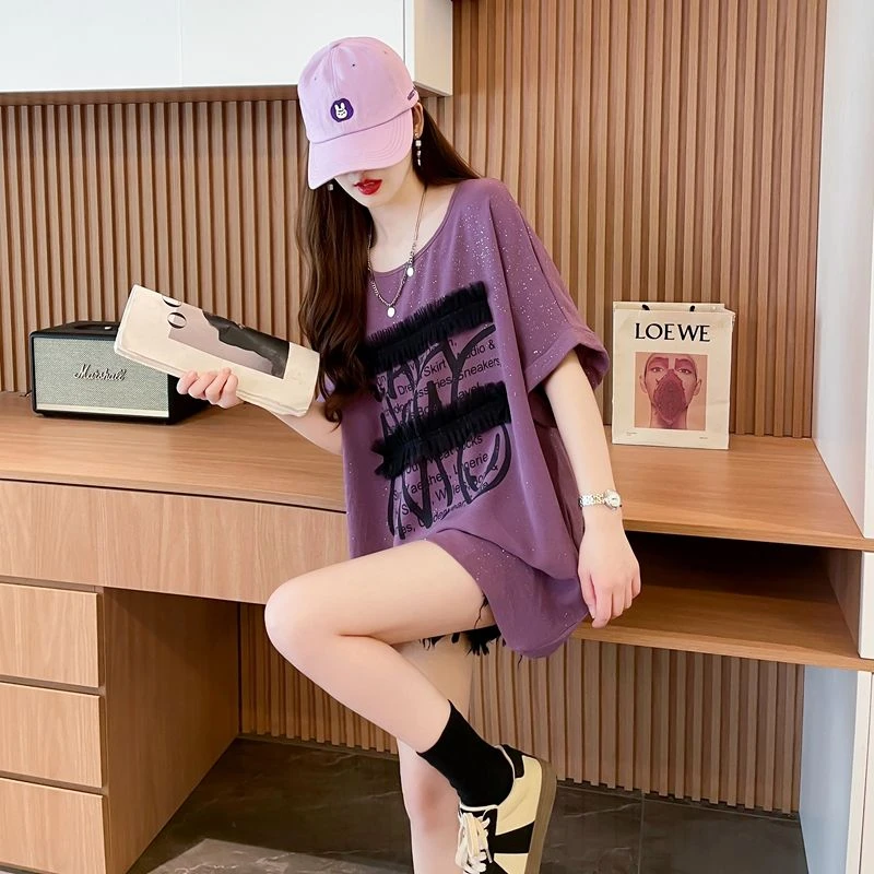 【店铺热销】亮闪闪印花中长款蕾丝T恤拼接2024夏季新款宽松显瘦