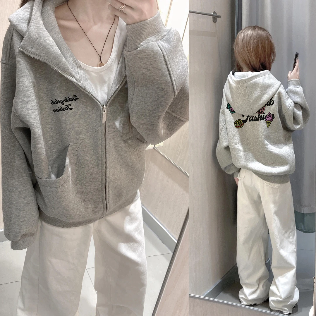 美式个性高街字母印花开衫连帽卫衣男女秋冬季潮流情侣拉链外套