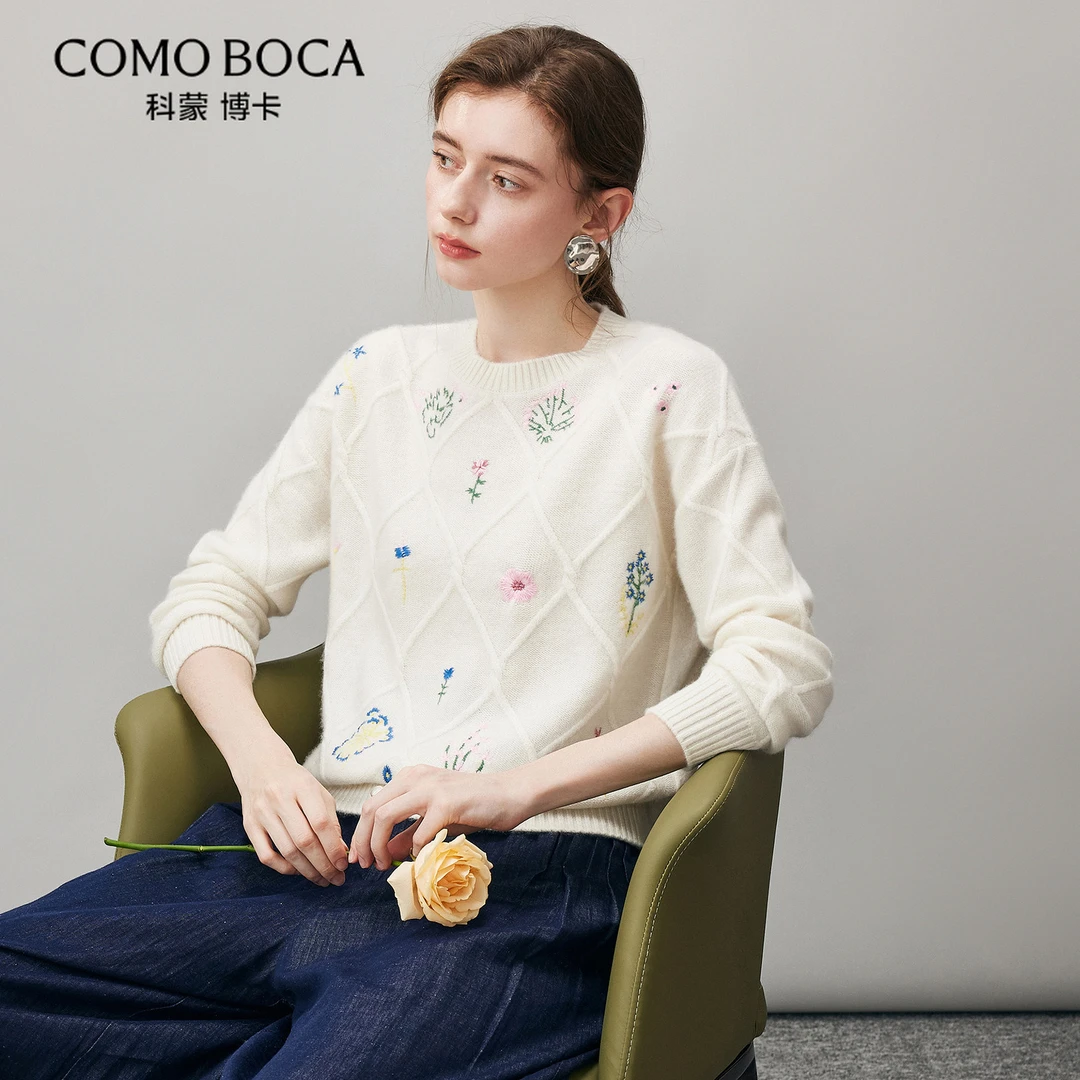 COMOBOCA/科蒙·博卡25秋冬森系绣毛衣甜美针织纯羊绒衫女KST3744