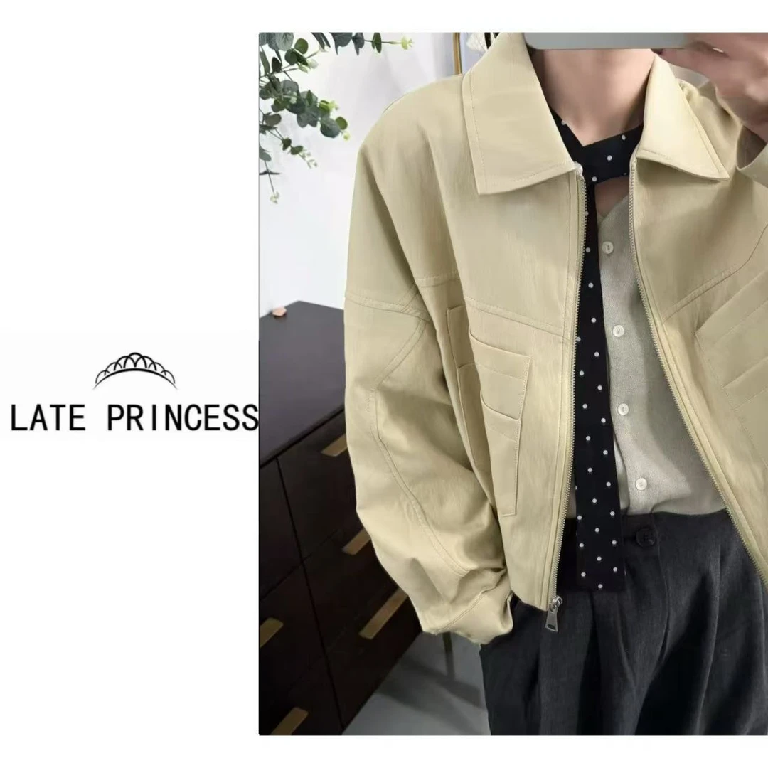 LATE PRINCESS【椰岛】早春城市休闲老钱风短款皮衣奶油翻领外套