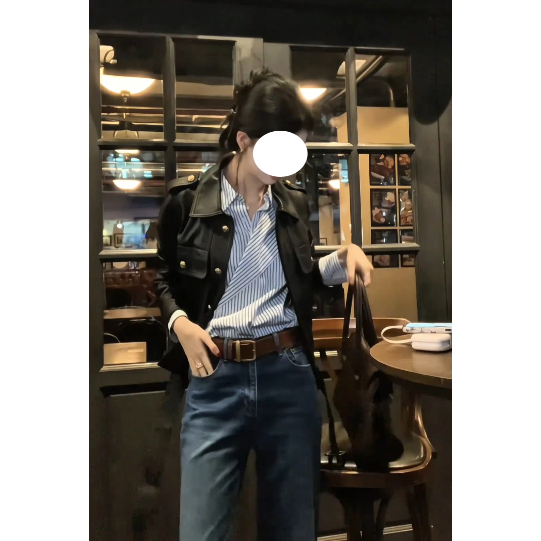 MARIE.COCO黑色机车服皮衣外套女秋季高级感条纹衬衫牛仔裤三件套