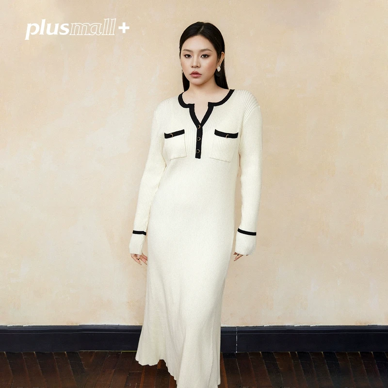 PLUSMALL 宝姿山茶 混纺V领撞色温柔A字裙摆连衣裙PAC2412051