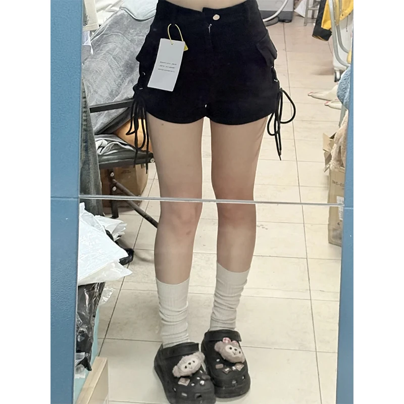 蝴蝶型绑绳设计工装短裤女2025夏季新款美式复古高腰包臀a字热裤