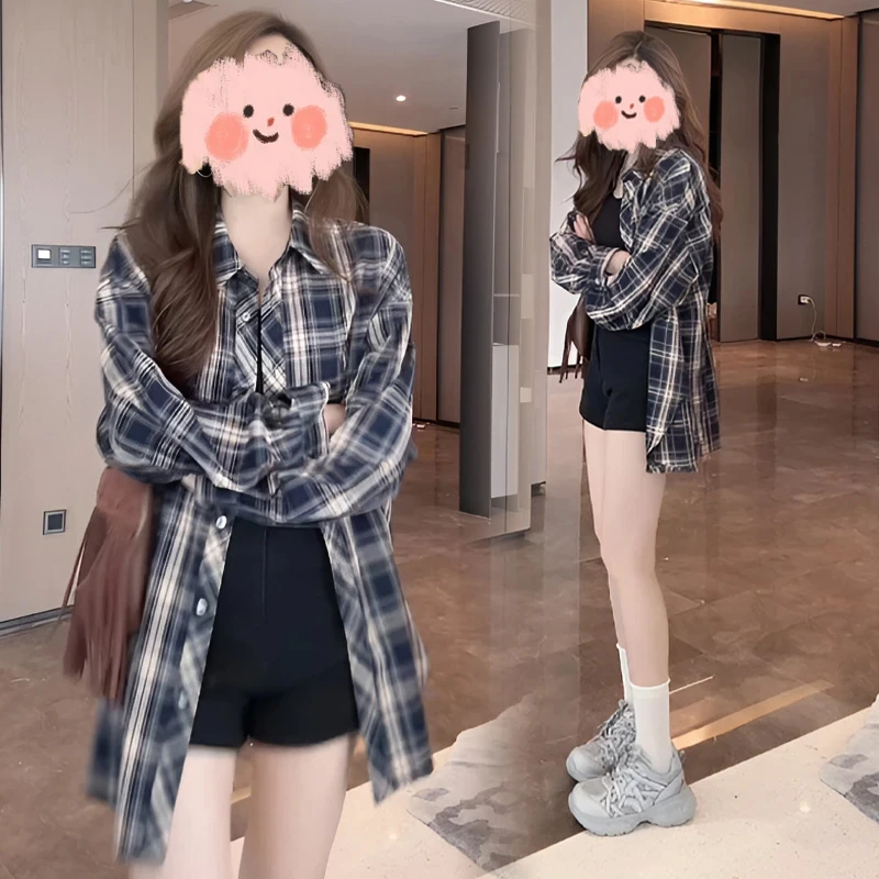 港风复古套装女2025年春秋夏季新款长袖格子衬衫配黑色热裤两件套