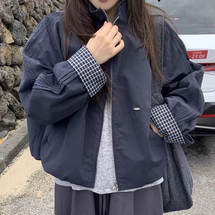 韩系格子拼接立领夹克外套女2025秋季新款宽松休闲短款棒球服上衣