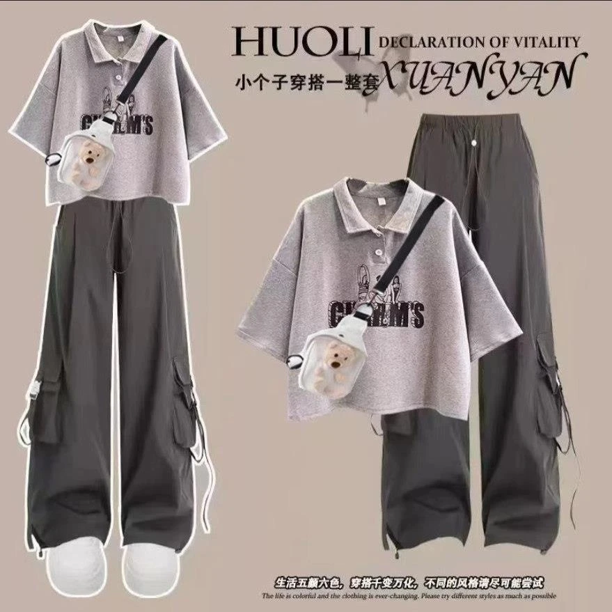 FAVMARTHA11-17岁初中学生套装女夏季polo领大童少女短袖T恤工装