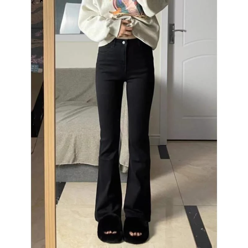 梨型身材黑色微喇牛仔裤女秋冬季加绒大码胖mm高腰显瘦弹力喇叭裤