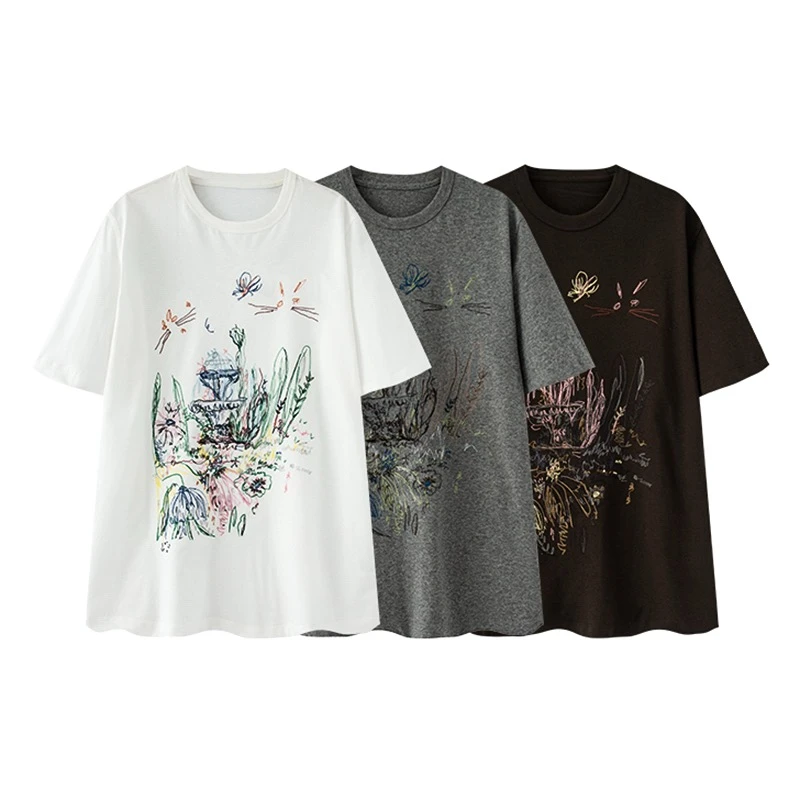 休闲风圆领印花网纱刺绣女士T恤休闲国风纯欲风